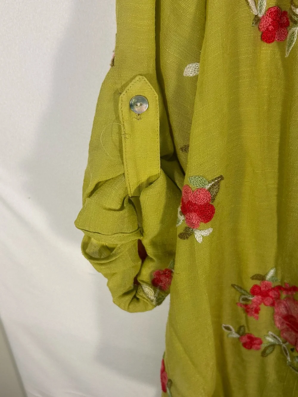 Embroidered Floral Button-Down Shirt in Chartreuse - Picture 3 of 9
